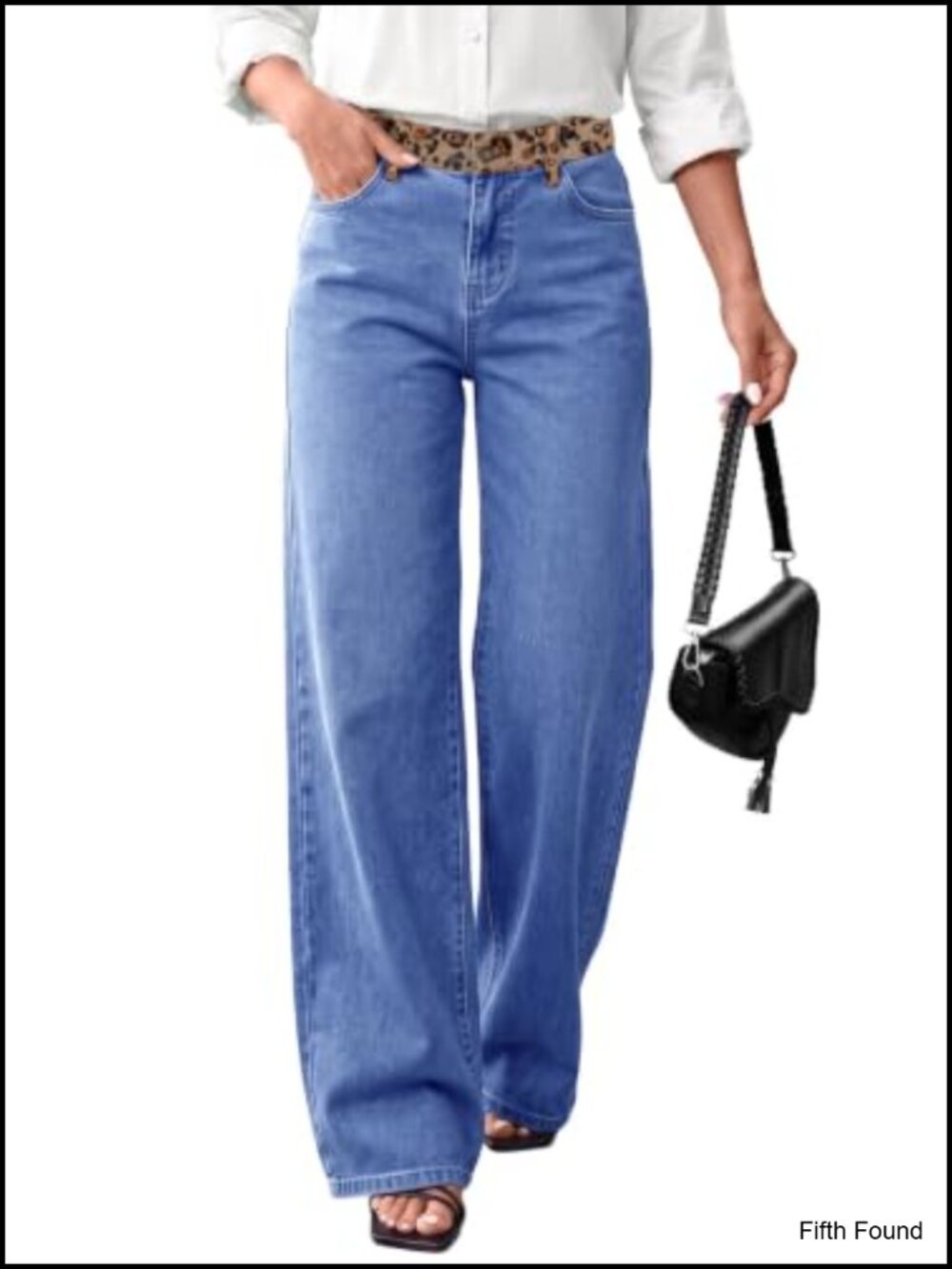 Sidefeel Mid-Low Rise Wide Leg Jeans Leopard Waistband Stretch Denim